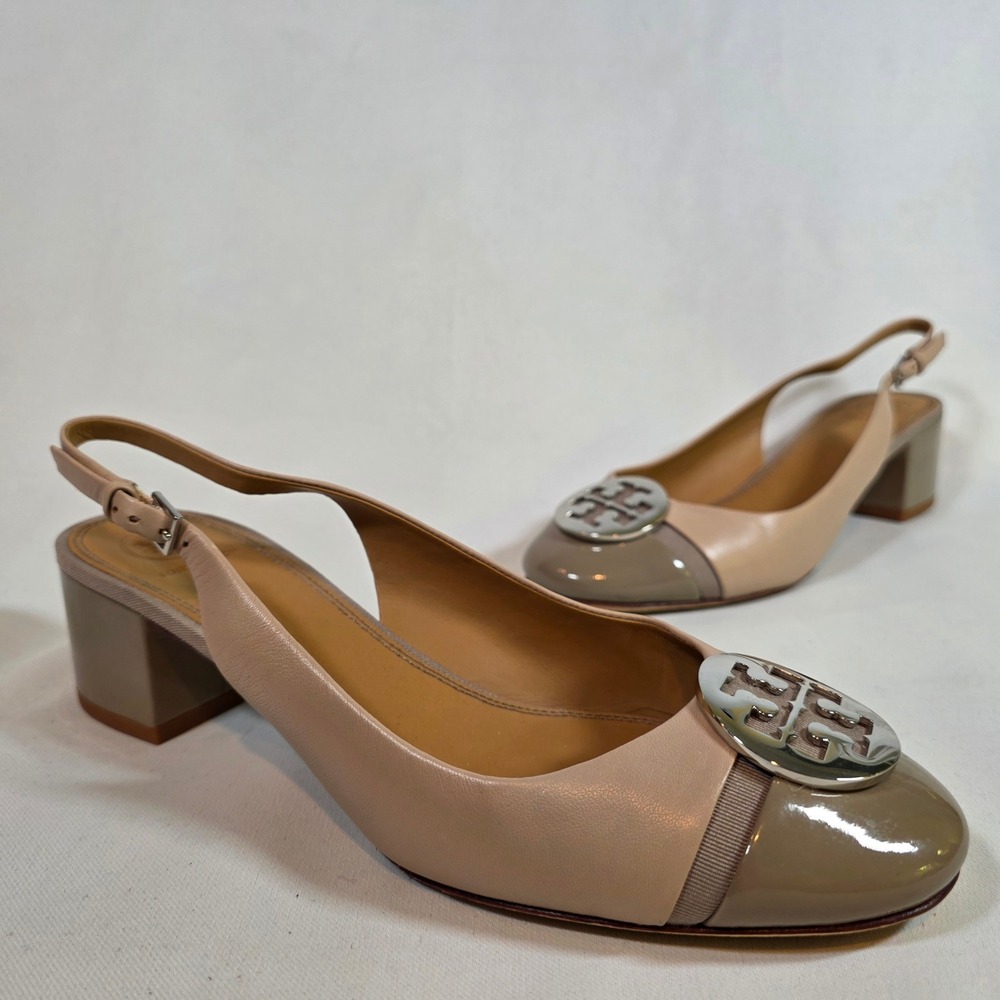 TORY BURCH Minnie Cap-Toe‎ Slingback Pumps Taupe Grey Leather Sz 8.5 Neutral